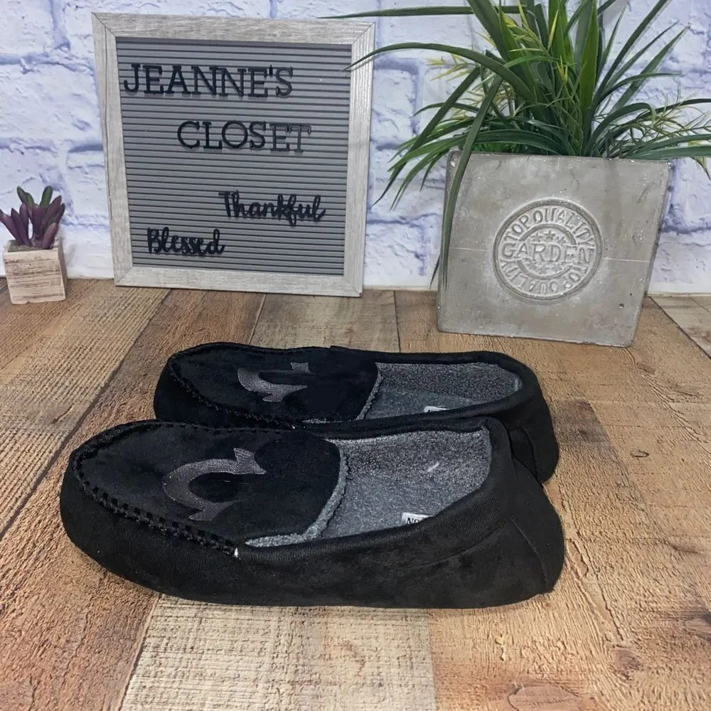 True Religion Men's Black & Gray Logo Slippers House Shoes Size Small 7-8